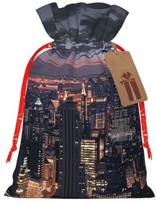 New York Bedruckte Weihnachtsbeutel mit Kordelzug für Party, Weihnachten, Geschenkverpackung, rotes Weihnachtsband, Größe S