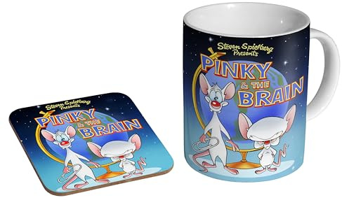 mugmart Pinky and The Brain 90s - Ceramic Coffee Mug + Coaster Gift Set - Retro Animated Gift