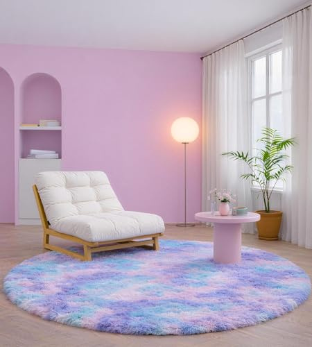 VOFUSHON Alfombra de Pelo Largo, 150 CM Redondo Batik Azul Lila Moderna Alfombras Salón, Lavable Antideslizante y Suave, Diseño Sólido Peludo para Dormitorio y Habitación Infantil
