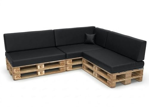 Best Wool Palettenkissen Set Wetterfest – 8er Set für Europaletten, 3X Sitzkissen 120 x 80 cm + 3X Rückenkissen 120 x 40 cm + Seitenkissen 60 x 40 cm + Dekokissen 40 x 40 cm, Schwarz