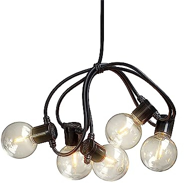 Konstsmide LED Biergartenkette, runde Birnen, klar, 20 klare Birnen / 40 bernsteinfarbene Dioden, 6V Außentrafo, schwarzes Kabel - 2374-800