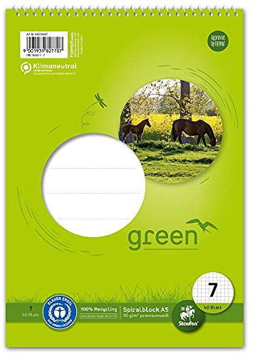 Staufen Green Spiralblock - DIN A5, Lineatur 7 (7mm kariert), 40 Blatt, premiumweißes 70g/m² Recyclingpapier, 1 Stück