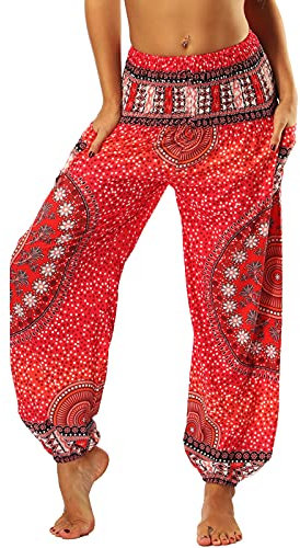 Nuofengkudu Frau Hippie Harems Hose Pumphose Haremshose Aladdinhosen Boho Gemustert Gesmockte Taille mit Taschen Yogahose Freizeithose Sommerhose Strandhose Rot Blume