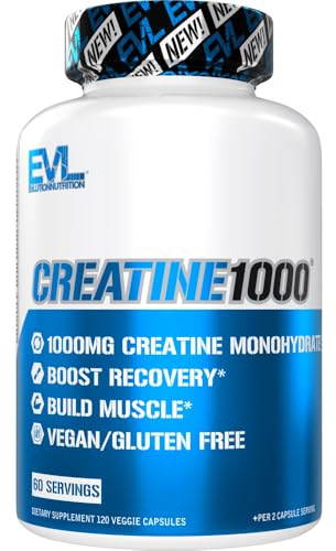 Evlution Nutrition Creatine Monohydrate Capsules - Pre and Post Workout Recovery Creatine Pills Men & Women's Muscle Gains Strength and Recovery - Vegan & Gluten Free, 500mg Per Capsule (60 Servings)