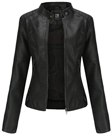 Zhiyuanan Giacca Ecopelle Donna PU Slim Fit Sottile Collo Alto Primavera Autunno Manica Lunga Elegante Giubbino Corto Giubbotti Biker con Cerniera Nero XL