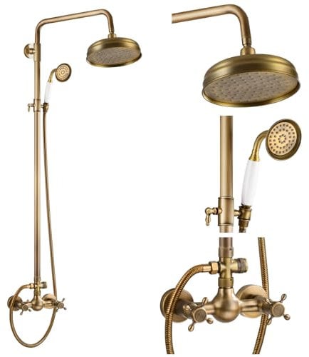 Antique Brass Exposed Shower Faucet Set 8 Rain Shower Head 2 Double Knobs Cross Handle Shower Fixture Combo System Unit Set Dual Function