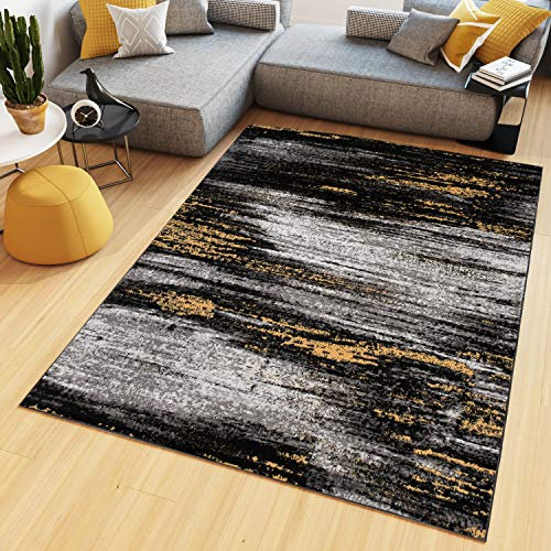 TAPISO Maya Teppich Kurzflor Modern Verwischt Meliert Streifen Design Schwarz Grau Gelb Weiß Wohnzimmer Schlafzimmer ÖKOTEX 250 x 350 cm