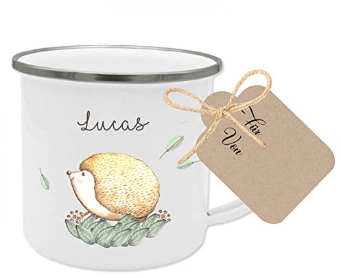 Manufaktur Liebevoll personalisierte Kindertasse mit niedlichem Waldtier-Motiv und dem Namen des Kindes (Motiv Lucas)