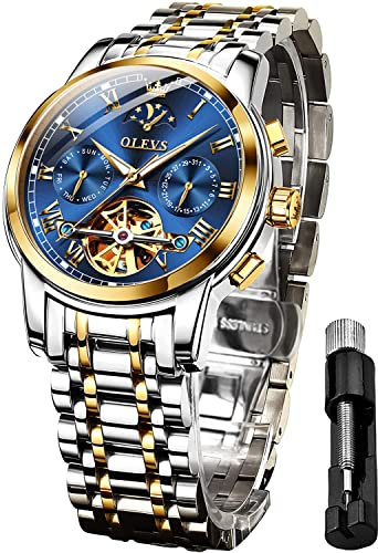 OLEVS Herrenuhren Automatik Blau Skelett Mechanische Luxus Kleid Armbanduhr mit Mondphase Tag Datum Wasserdicht Leuchtende Zweifarbige Uhr