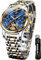 OLEVS Herrenuhren Automatik Blau Skelett Mechanische Luxus Kleid Armbanduhr mit Mondphase Tag Datum Wasserdicht Leuchtende Zweifarbige Uhr