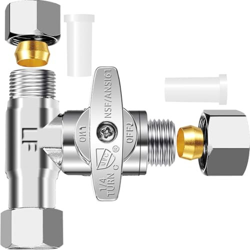 T-Stop-Ventil – bleifreies Add-A-Tee-Ventil 3/8 Zollx3/8 Zollx3/8 Zoll, 1/4 Drehung Messing Extender T-Stück mit integrierter Dichtdichtung für Wasserhahn, Geschirrspüler, Waschmaschine ine