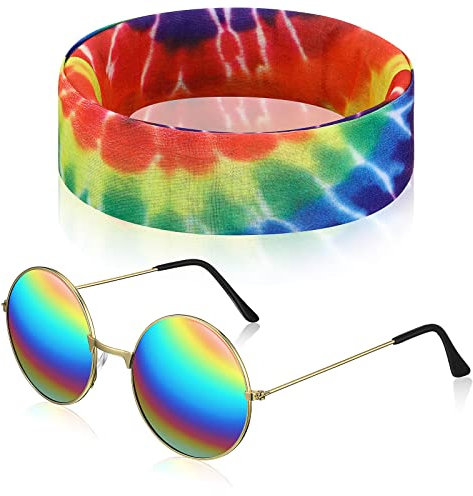 2 Stück Hippie Kostüm Set Tie Dye Sonnenblume Hippie Stirnband Vintage Runde Hippie Brille 70er Sonnenbrillen Regenbogen Hippie Accessoires für 60er Hippie Verkleidung Halloween Festival