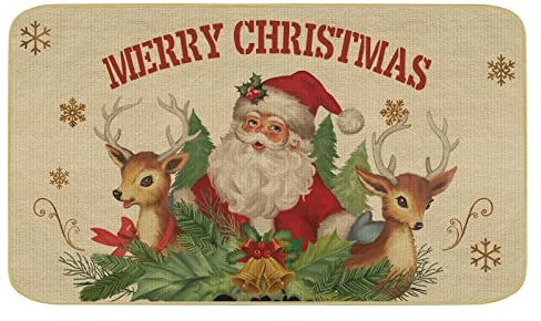 comfoyar Fußmatte Weihnachten, Merry Christmas Weihnachtsmann Fussmatte mit Rentier Schneeflocken, Waschbar rutschfest Rückseite Schmutzfangmatte, Willkommen Teppich für Innen Außen Deko 43X75 cm