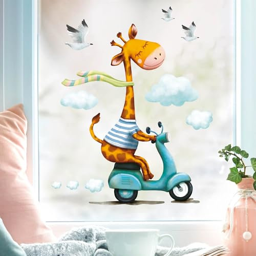 Wiederverwendbares Fensterbild Frühling Ostern Giraffe auf Motorroller, Fensterdeko Kinderzimmer Kind, Frühlingsdeko, 3. A2 Bogen