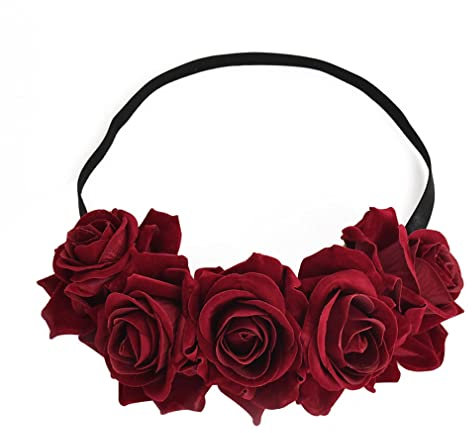 YAZILIND Frauen Blume Krone Stirnband Strand Festivals Abschlussball Hochzeit Braut Foto Requisiten (Weinrot 2)