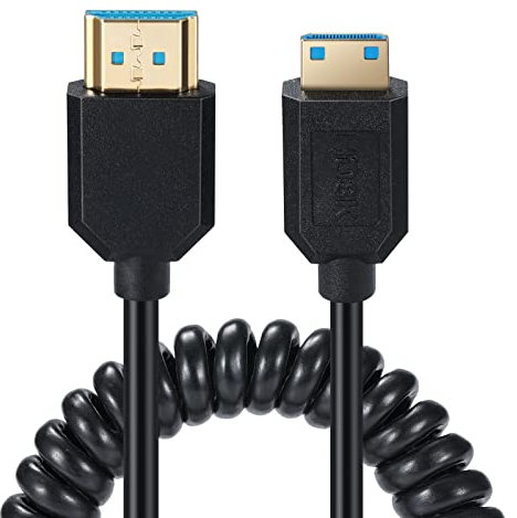 8K Mini HDMI to HDMI 2.1 Coiled Cable, Spring Gold HDMI to Mini HDMI Cable Cord, 8K@60Hz 48Gbps, Support Dynamic HDR for Cameras, Camcorder, Tablet Graphics/Video Card, Laptop, Raspberry Pi (Straight)
