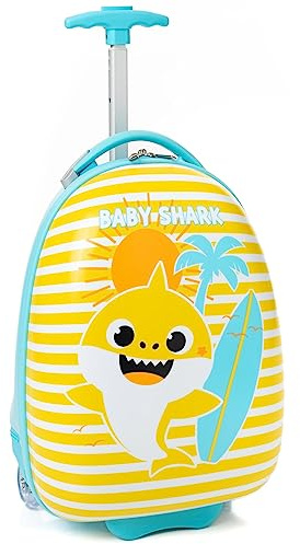 Baby Shark Kids Suitcase | Yellow and Blue Small Cabin Bag For Boys & Girls | Carry On Trolley with Extendable Handle | Singing Shark Hard Cover Holiday Case | Fun Travel Merchandise Gift for Children