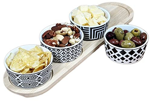 Darthome Geometric Serving Dish Set Black White Ceramic Tapas Snack Bowls Bamboo Tray (5pc Set)