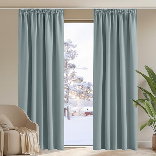 PONY DANCE 2er Set Blickdichte Gardinen mit Kräuselband H 245 x B 140 cm Wohnzimmer Vorhang Verdunkelung Schiene Verdunkelungsvorhang Hitzeschutz Thermovorhang Blackout Curtains, Graublau