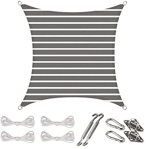 CelinaSun Sonnensegel Set Befestigung V2A Basic HDPE Quadrat 3 x 3 m Streifen anthrazit weiß Sonnenschutz atmungsaktiv