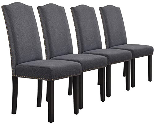 Yaheetech Esszimmerstühle 4er Set Küchenstuhl mit Hoher Rückenlehne Moderne Stühle für Küche und Esszimmer, Beine aus Massivholz, gepolsterte Sitzfläche aus Leinen bis 136 kg Belastbar, Dunkelgrau
