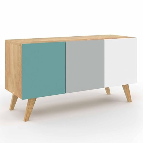IDMarket - Buffet Bas scandinave 113 cm Alice 3 Portes Bleu, Gris et Blanc