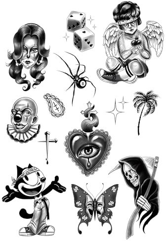 Tatsy Temporäre Tattoos, Chicano-Set, Für Männer & Frauen, Abziehtattoo, Body-Art, Chicana, Vato, Latino, Gangster, Lowrider, Einzigartige Realistische Motive, Clown, Spinne, Herz, Engel