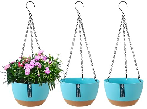 YuanDiann 3er Pack Hängende Blumentöpfe mit abnehmbarem Tablett, Selbstabsorbierende Hängepflanze Blumentopfkorb aus Kunststoff Außen Innen Blumenampel Haus Garten Balkon Dekoration Blau 20.5cm