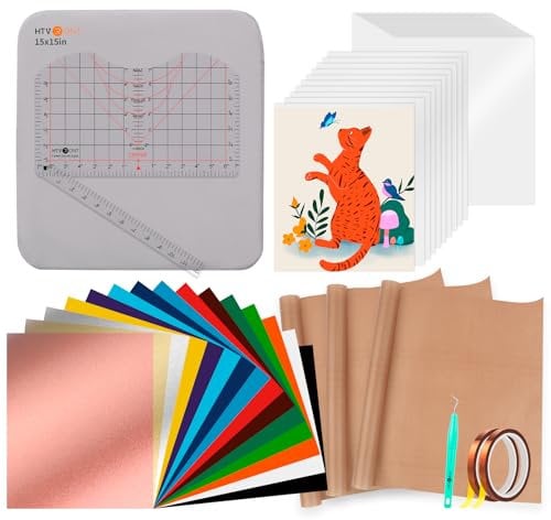 HTVRONT Heat Press Accessories - 55 Pack Supplies for 15x15 Machine, T-Shirt Heat Press Starter Kit with Vinyl & Sublimation Bundle, Tools & Mat