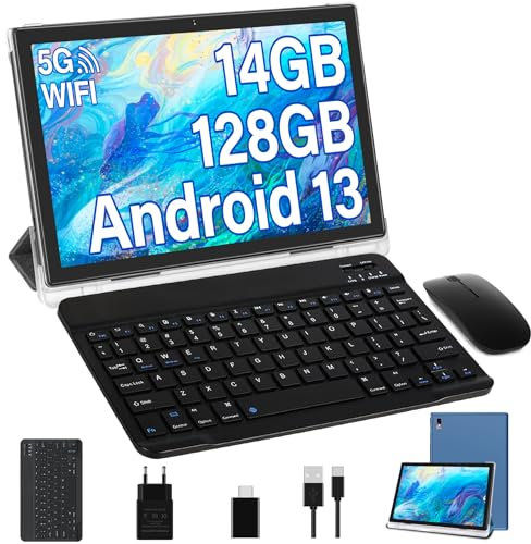Oangcc 2025 Newest 10 Pulgadas Android Tablet, 14GB RAM+128GB ROM (1TB TF), Certificación GMS, Baterías 8000 mAh, 8-Core 2.0Ghz, 5G+2.4G WiFi, BT 5.0, Tablet con Funda, Teclado e Ratón - Azul