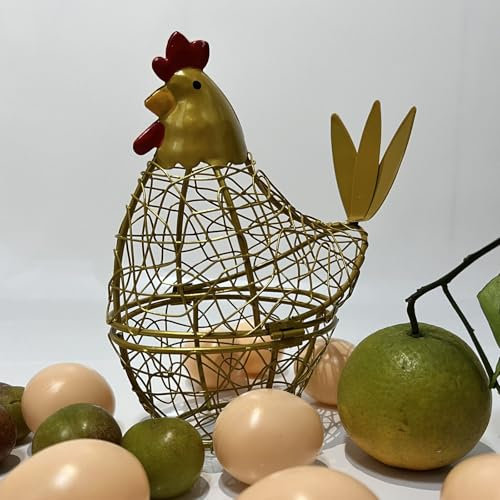 Generic Chicken Wire Egg Basket Egg Holder Farmhouse Rustic Vintage Rooster Decor Chicken Shaped Egg Basket Fruit Storage Wire Basket For Collecting And Countertop Storing Egg (Gold)
