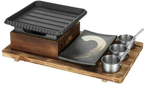 UGCER Japanese BBQ Grill Set, Portable Alcohol Barbecue Stove with Non-Stick Baking Pan, Dinner Plate, Seasoning Cups, and Wooden Base for Yakiniku, Yakitori,C