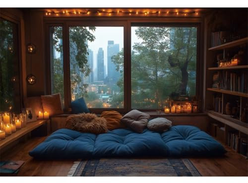 YongFoto 15x10ft New Year Photography Backdrop Soft Bedroom Indoor Window View Modern Building Morning Scenery Photo Background for New Year Eve Celebration Decorations Photoshoot Studio Props