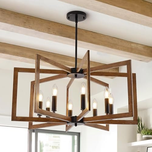 HvKvHvY Vintage Deckenleuchte Schlafzimmer,E14 Geometrische Bauernhaus Pendelleuchte 8 Licht Industrielle Metall Deckenleuchten Wohnzimmer FüR KüCheninsel Flur Esszimmer Eingang (Schwarz, Holz)