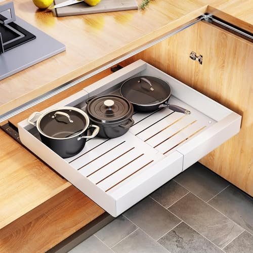 Sprifityy Cajón telescópico,cajones extraíbles expandibles,estantes de Almacenamiento con cajones extraíbles de Acero al Carbono,Ancho Ajustable 32-52 cm,sin Taladrar,Requiere Clavos(Blanco)