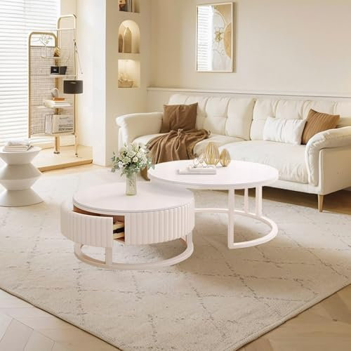 GonTzolkin Couchtisch Rund Weiss 2er Set Moderne Couchtische Weiß Mit Stauraum Runder Wohnzimmertisch Marmor Optik Holz Satztische Fürs Wohnzimmer Industrial Style Massivholz Schublade Metallrahmen