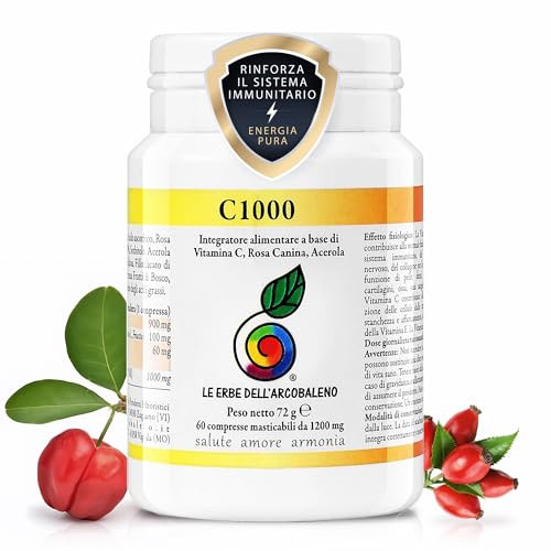 Le Erbe dell'Arcobaleno Vitamina C 1000 | Con Acerola e Rosa Canina | L’unica Masticabile Concentrata sul mercato | una dose equivale a 15 arance