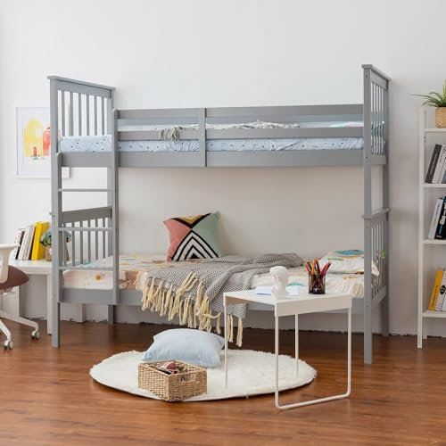 Panana Bunk Bed With Ladder, Kids Twin Sleeper, Solid Pine Wood Frame, Children's, Single 3 Foot (Grey, 3 ft Single Bunk Bed, Can Split to 2 Beds)