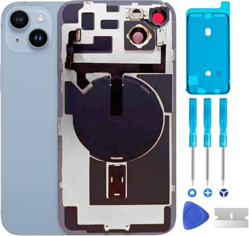 ABUSVEX Original kompatibel mit iPhone 14 Rückglas-Ersatz & mit Platte & Flexkabel und allen Teilen, vorinstallierter Kamerarahmen für iPhone 14 + Reparaturwerkzeuge (blau)