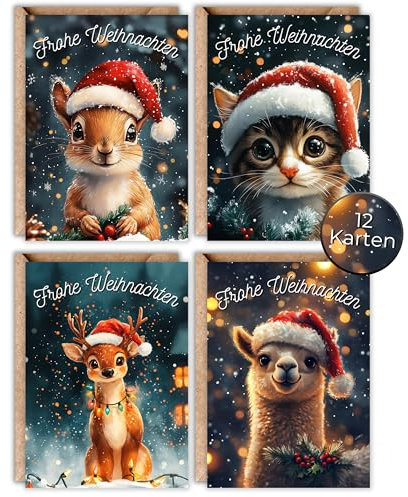 HIDEBLOOM Weihnachtskarten mit Umschlag Set - 12 Stück - DIN A6 (10,5 cm x 14,8 cm) - Weihnachtspostkarten Set - Postkarten Weihnachten - Weihnachtskarte Set Tiere