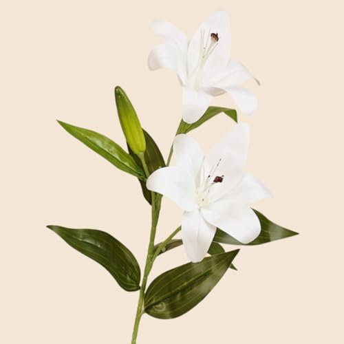 AQCQDQ 58cm Weiße und Rosa Lilie künstliche Blumenarrangement, 4 Stück Latex Lilie Kunstblumen 8 blühende Blütenköpfe fur Blumenstrauß Hochzeit, Graves, Tischdekoration (weiß,4 Stück)