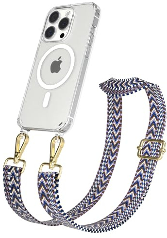 EAZY CASE Handykette - Verstellbares Taschenband kompatibel mit iPhone 15 Pro, Schulterriemen, Handykordel mit Silikon Hülle, Qi Charging kompatibel, Umhängetasche, Blau Weiß Gold