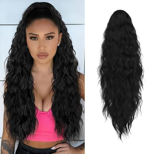XFSRG 66cm Maislocken Pferdeschwanz Haarextension Zopf Haarteil Mit Klammer Haarverlängerung Echthaar Flauschige Pferdeschwanz Haarteile Echthaar Clips Für Party(Schwarz)