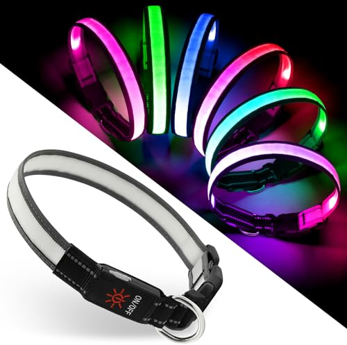 Leuchthalsband Hund, Mehrfarbiges LED-Hundehalsband mit 7 Beleuchtungsmodi – USB-C Wiederaufladbare, Echtzeit-Batterieanzeige – Wasserdicht verstellbar Leuchthalsband für Kleine Mittlere Große Hunde