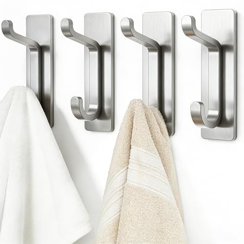Josmimic Porte-serviettes sans perçage : crochets adhésifs extra-forts de 6 kg, crochets muraux autocollants pour salle de bain, crochets à serviettes et porte-manteaux, lot de 4, argent