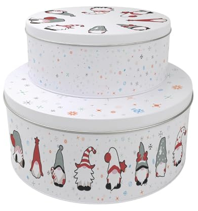 Purely Home Christmas Gonks Set of 2 Cake Tins Gift - Festive Themed Nesting Round Large & Medium Metal Storage Containers for Xmas Cakes and Baking