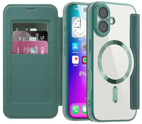 IMEIKONST for iPhone 17 6.3 inch Case Flip Wallet Cover Green JDCX | RFID Blocking Card Holder, Camera Lens Protection, Magnetic Transparent TPU Back, Compatible with MagSafe, PU Leather