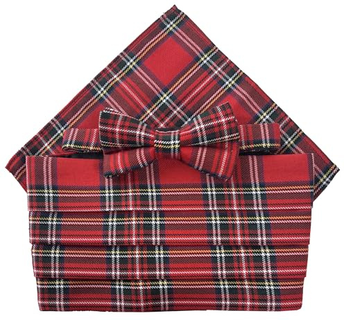 Great British Tie Club Royal Stewart Kummerbund-Set mit Fliege und Einstecktuch, rotes Schottenkaro, Polyester-Mischgewebe, Einheitsgröße