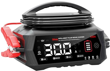 Chargeur de batterie de voiture 30 A - Haisito 6 V/12 V/24 V - Chargeur et support pour AGM, Gel, SLA, EFB et LiFePO4 - Chargeur automatique à 9 niveaux avec écran LCD pour voiture, moto