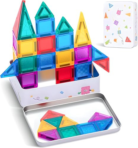 Mini Magnetic Tiles, 56 Pcs Travel Magnetic Building Blocks with Storage Iron Box, STEM Montessori Toys, Educational Learning Sensory Toys for 3+ Year Old Boys Girls, Toddler Puzzle Birthday Gift